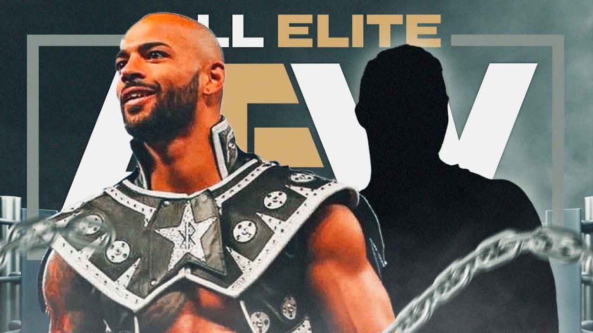 Ricochet next to the blacked-out silhouette of Daniel Garcia with the AEW logo as the background.