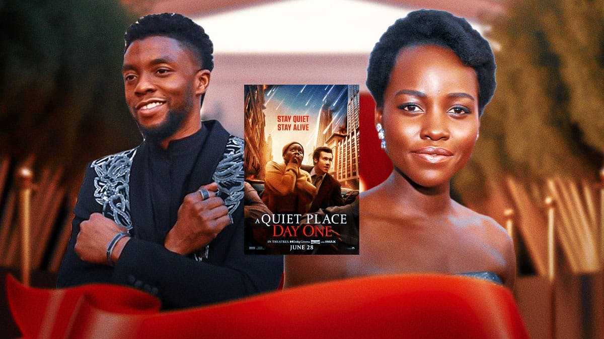 Chadwick Boseman and Lupita Nyong'o with A Quiet Place: Day One poster.