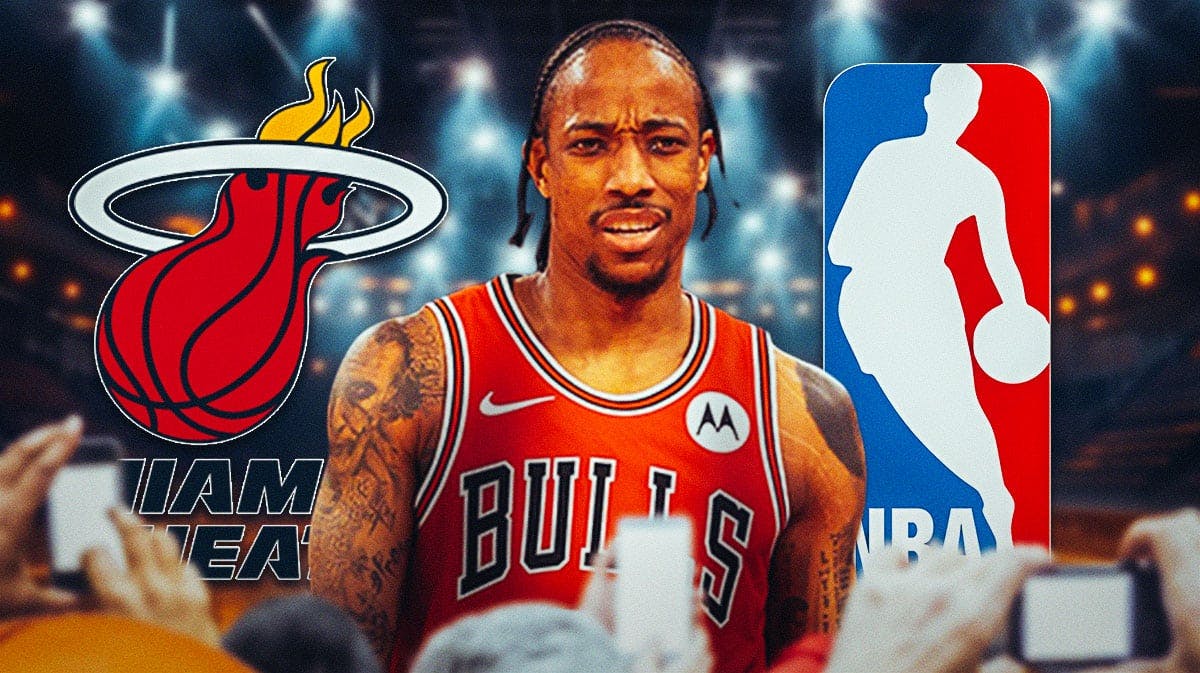 Bulls' DeMar DeRozan stands next to Heat logo, NBA free agency and rumors reporters in background