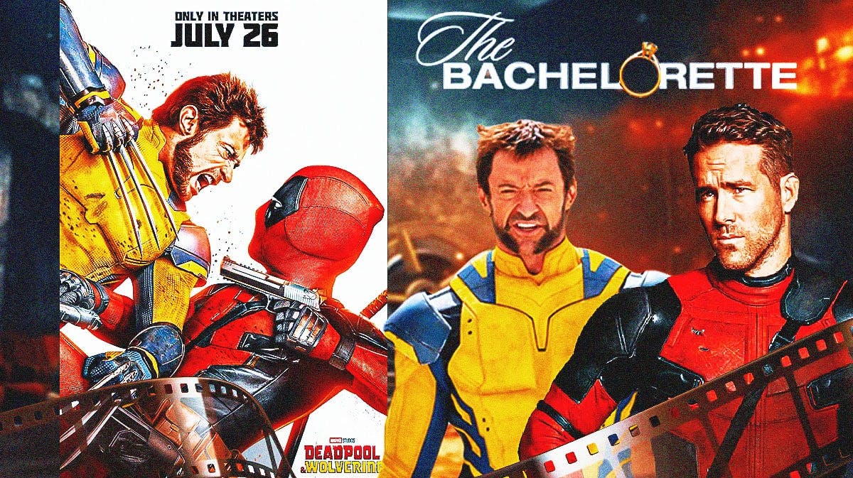 Deadpool 3 poster with stars Hugh Jackman as Wolverine and Ryan Reynolds as Deadpool with The Bachelorette logo.