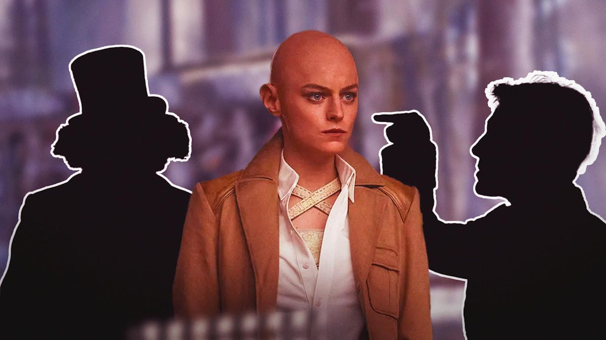 Emma Corrin as Cassandra Nova in the middle, silhouette of Willy Wonka and Col. Hans Landa on either side