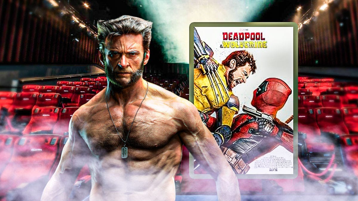 Hugh Jackman as Wolverine and Deadpool and Wolverine poster with movie theater background.