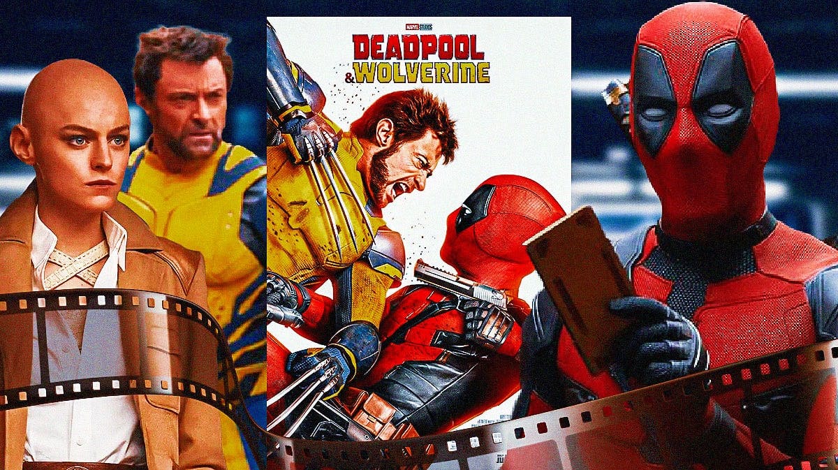 Deadpool and Wolverine MCU movie poster with Emma Corrin as Cassandra Nova, Hugh Jackman, and Ryan Reynolds.