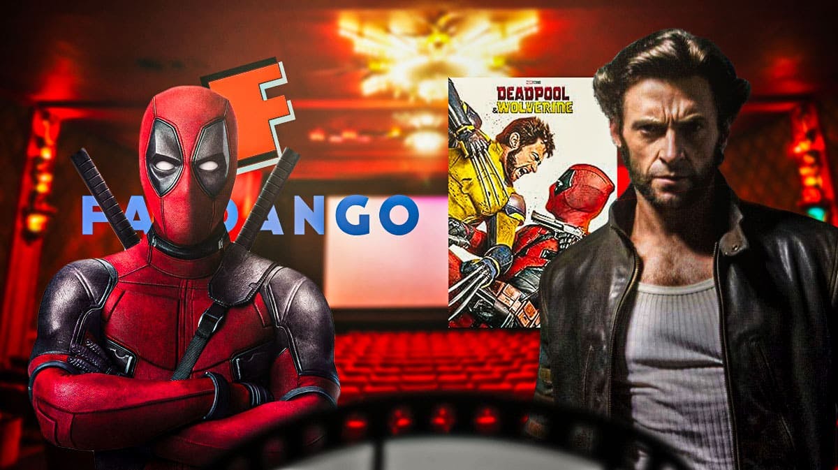 Deadpool and Wolverine poster with Ryan Reynolds and Hugh Jackman as characters with Fandango logo and movie theater background.