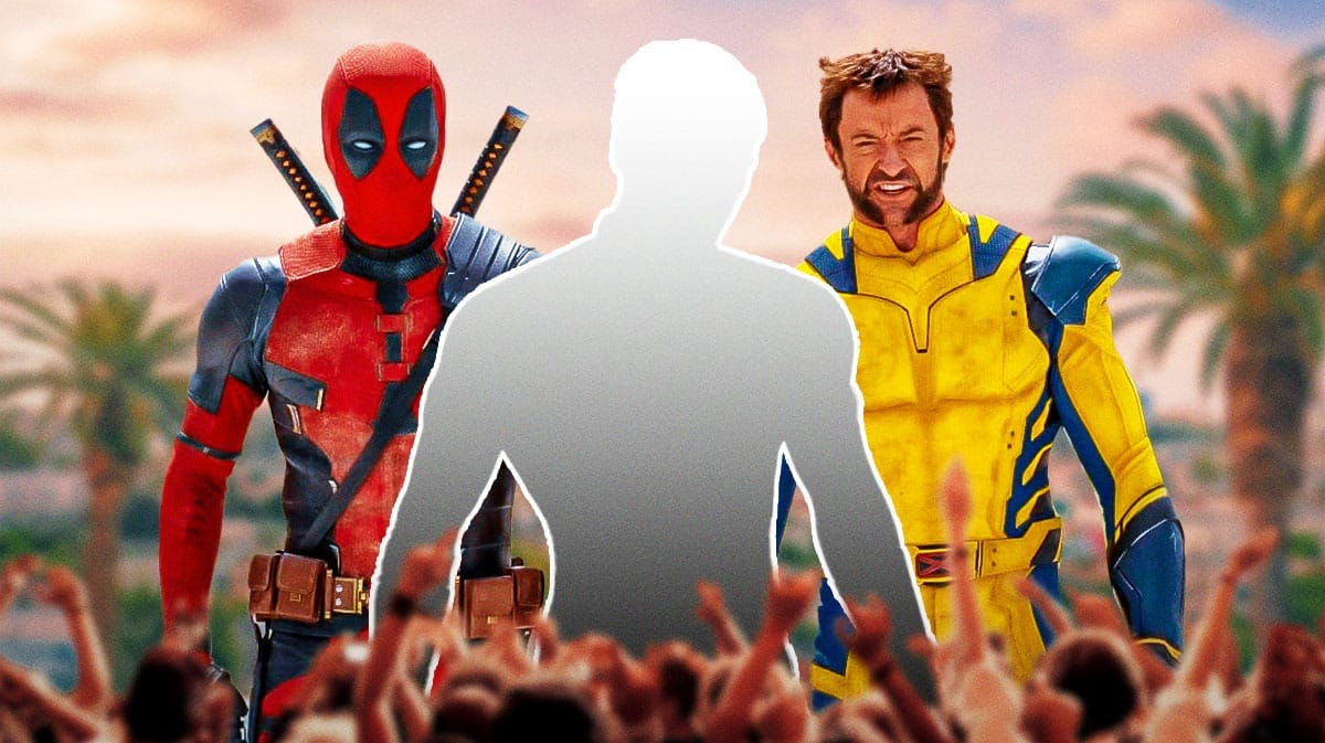 Marvel stars Deadpool (Ryan Reynolds) and Wolverine (Hugh Jackman) with Chris Evans as Johnny Storm/Human Torch from Fantastic Four as a silhouette.