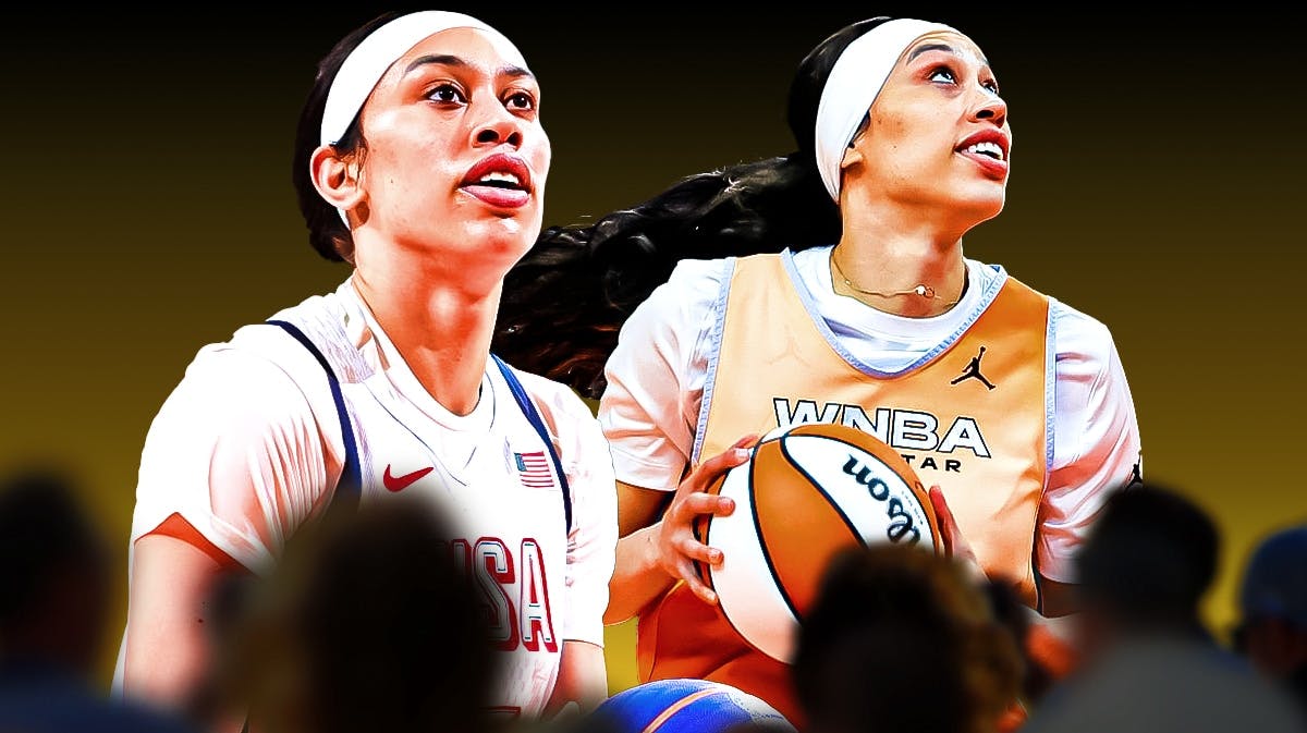 A double image of Dearica Hamby, one of her in a Team USA basketball jersey, the other of her in a 2024 WNBA All-Star jersey, Sparks
