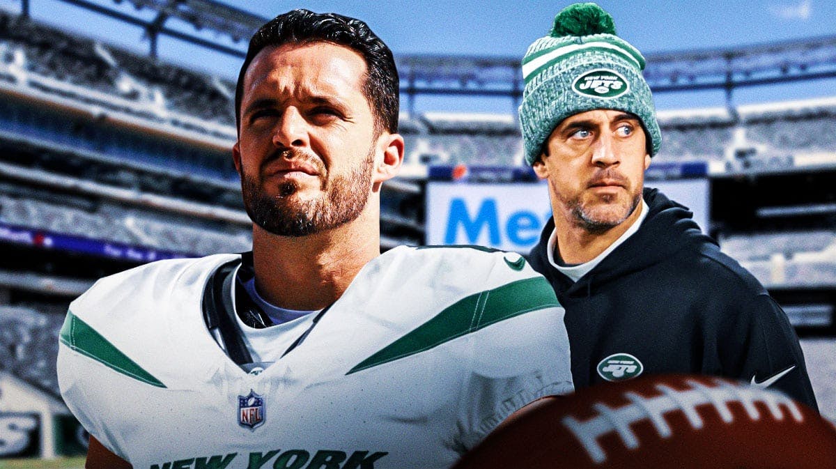 New Orleans Saints star Derek Carr and New York Jets star Aaron Rodgers in front of MetLife Stadium.