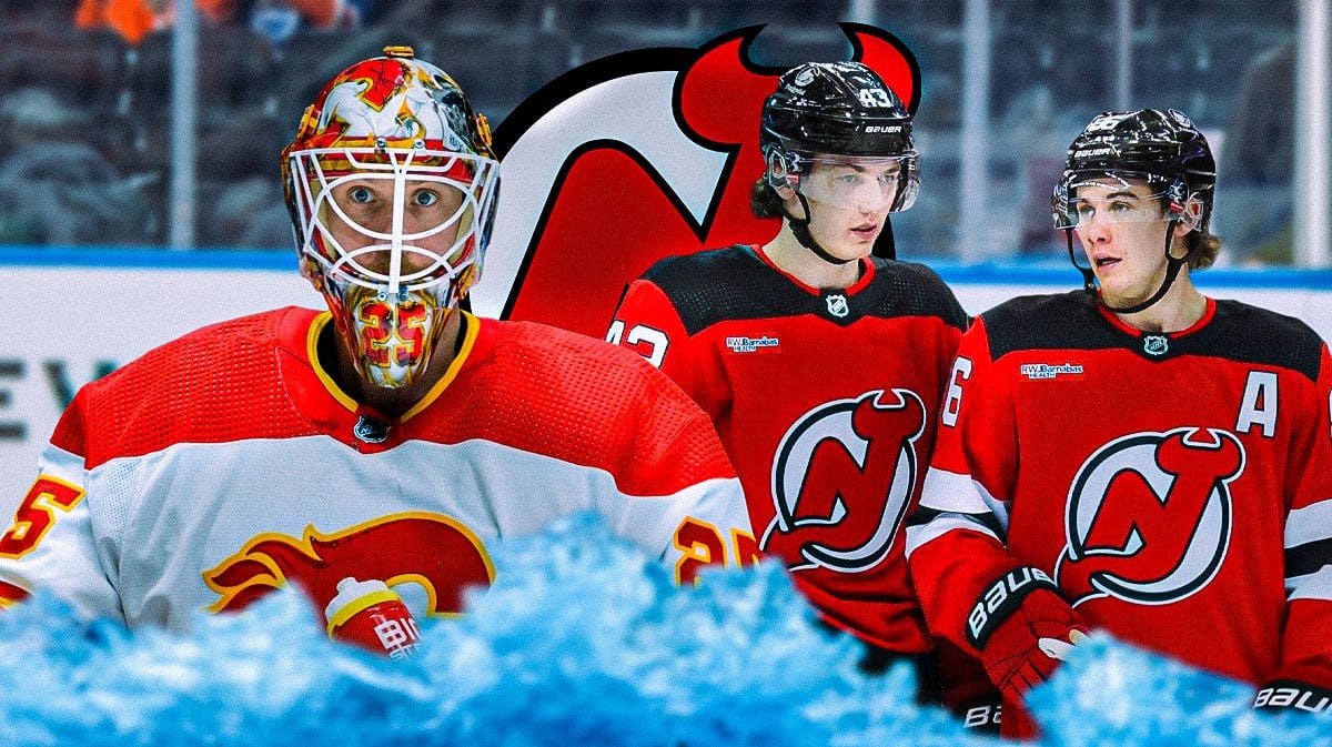 Jacob Markstrom in middle, Jack and Luke Hughes on either side, New Jersey Devils logo, hockey rink in background