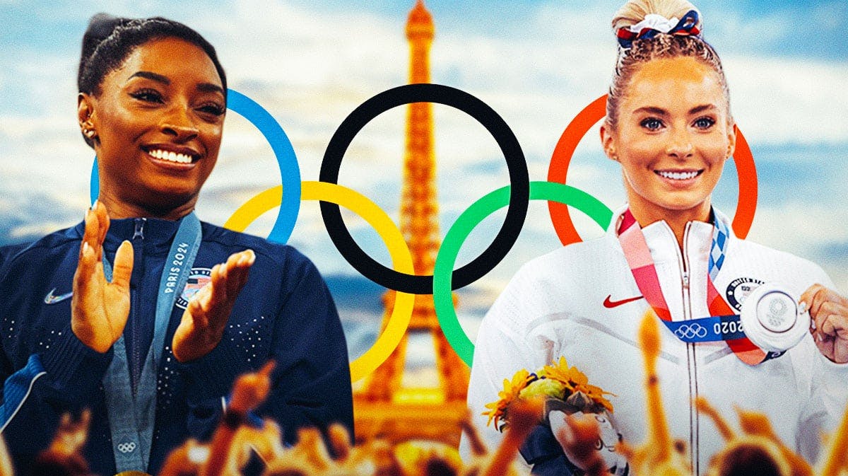 Olympian gymnasts Simone Biles and MyKayla Skinner, as well as the Olympics logo