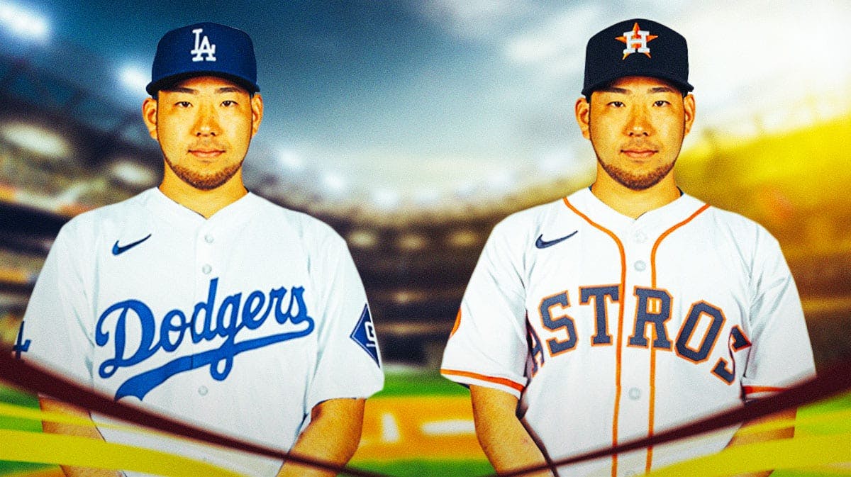 Yusei Kikuchi in a Dodgers jersey on left, in an Astros jersey on right.