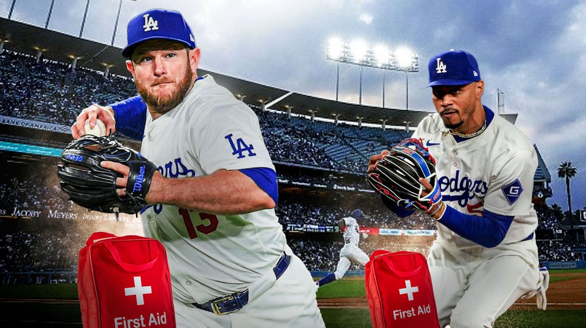 Photo: Max Muncy, Mookie Betts both in action in Dodgers jerseys, medical kits beside them