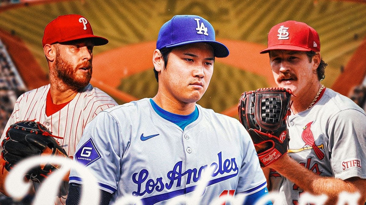 Dodgers' Shohei Ohtani in front of Phillies' Zack Wheeler and Cardinals' Miles Mikolas