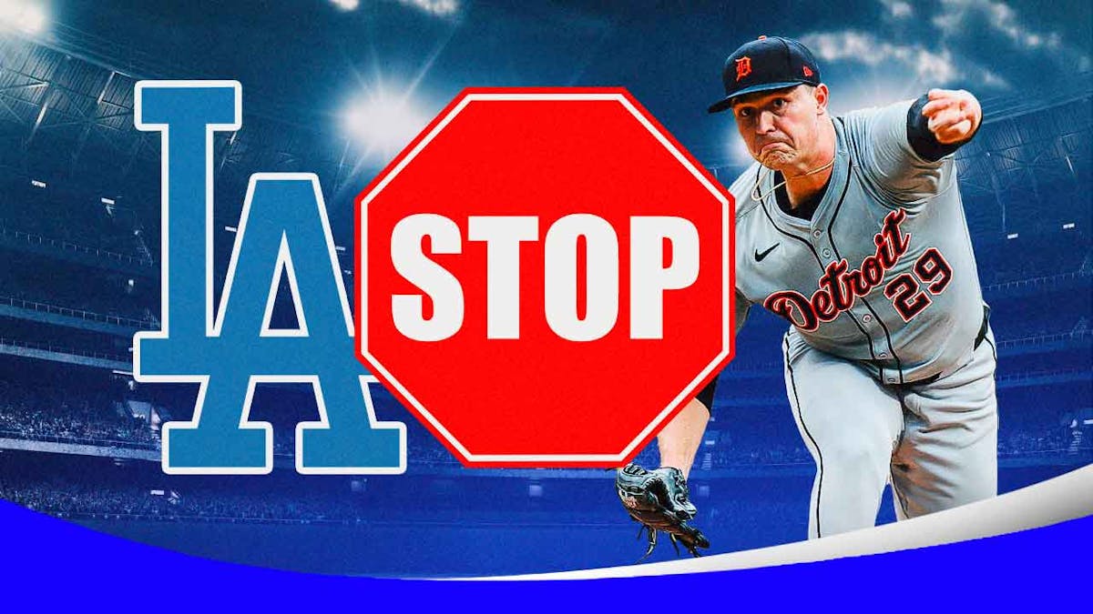 Dodgers logo on left. Tigers Tarik Skubal pitching a baseball on right. Stop sign in middle.