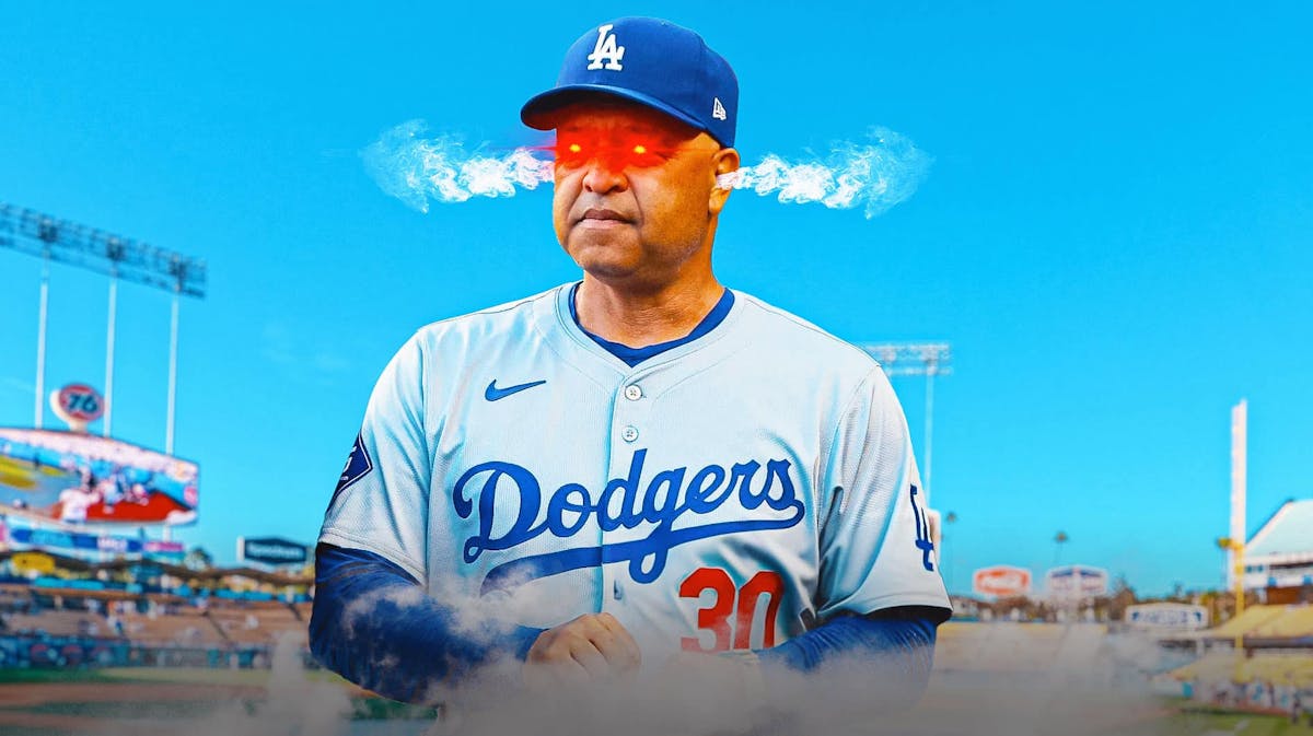 Los Angeles Dodgers manager Dave Roberts looking unhappy with red eyes and steam coming out of his ears as he's mad about the Dodgers recent loss.