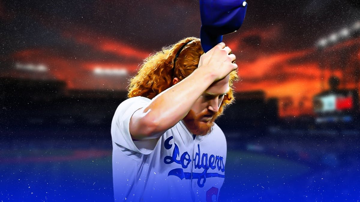 Dodgers pitcher Dustin May looking frustrated, Dodger Stadium in background