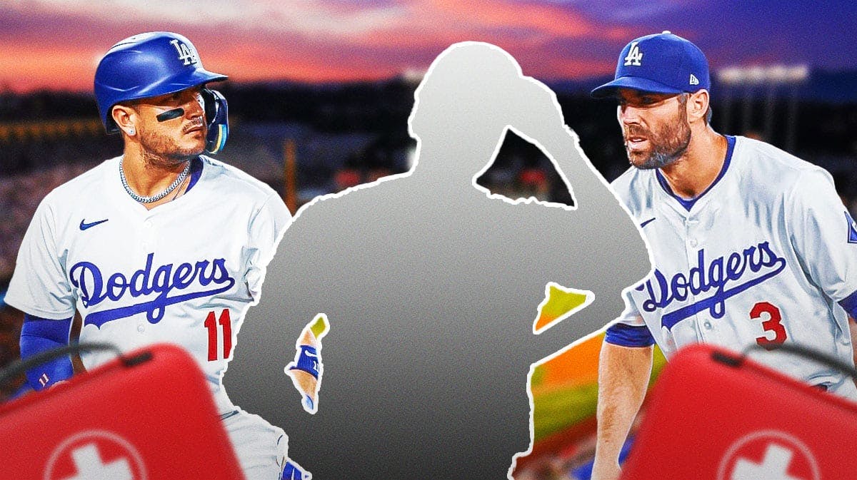 Miguel Rojas and Chris Taylor on one side with an injury kit in front of them, a silhouette of a baseball hitter on the other side