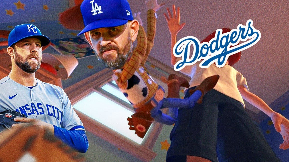 Dodgers logo on Andy throwing James Paxton as Woody away in I don't wanna play with you anymore meme, with Jordan Lyles looking on on the side