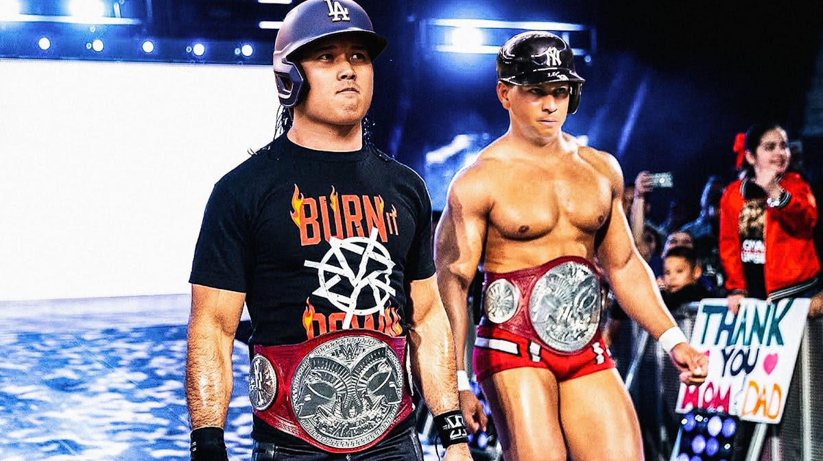 Shohei Ohtani (Dodgers) and Alex Rodriguez (Younger self with the Mariners) as wrestlers making an entrace