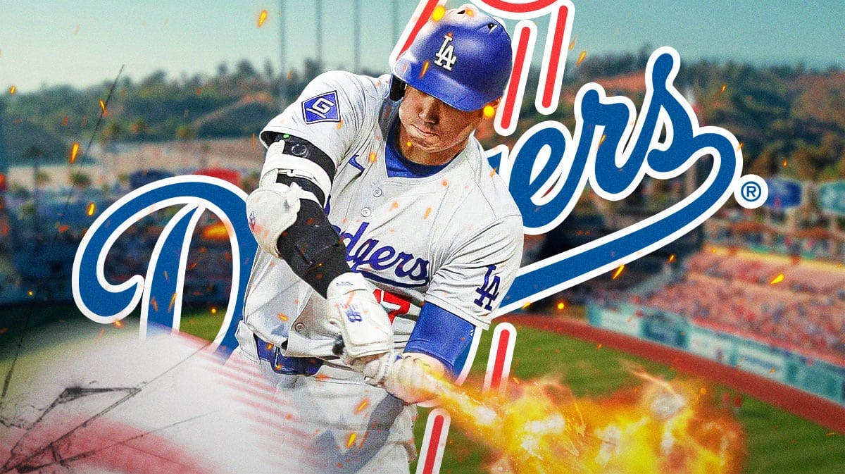 Dodgers Shohei Ohtani swinging a bat made of fire