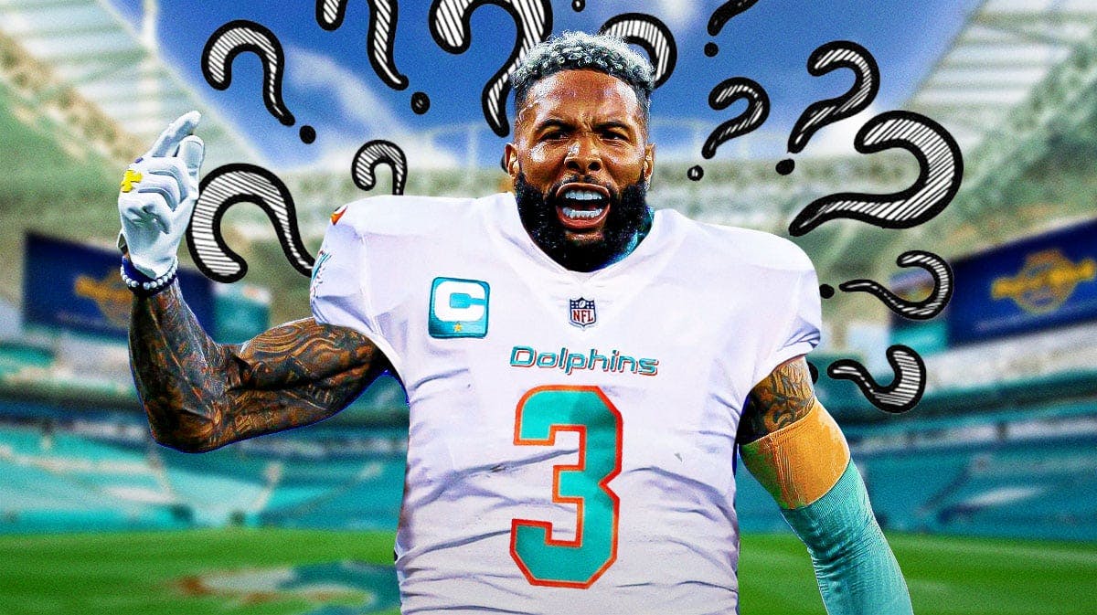 Odell Beckham Jr. in a Dolphins uniform with question marks everywhere.