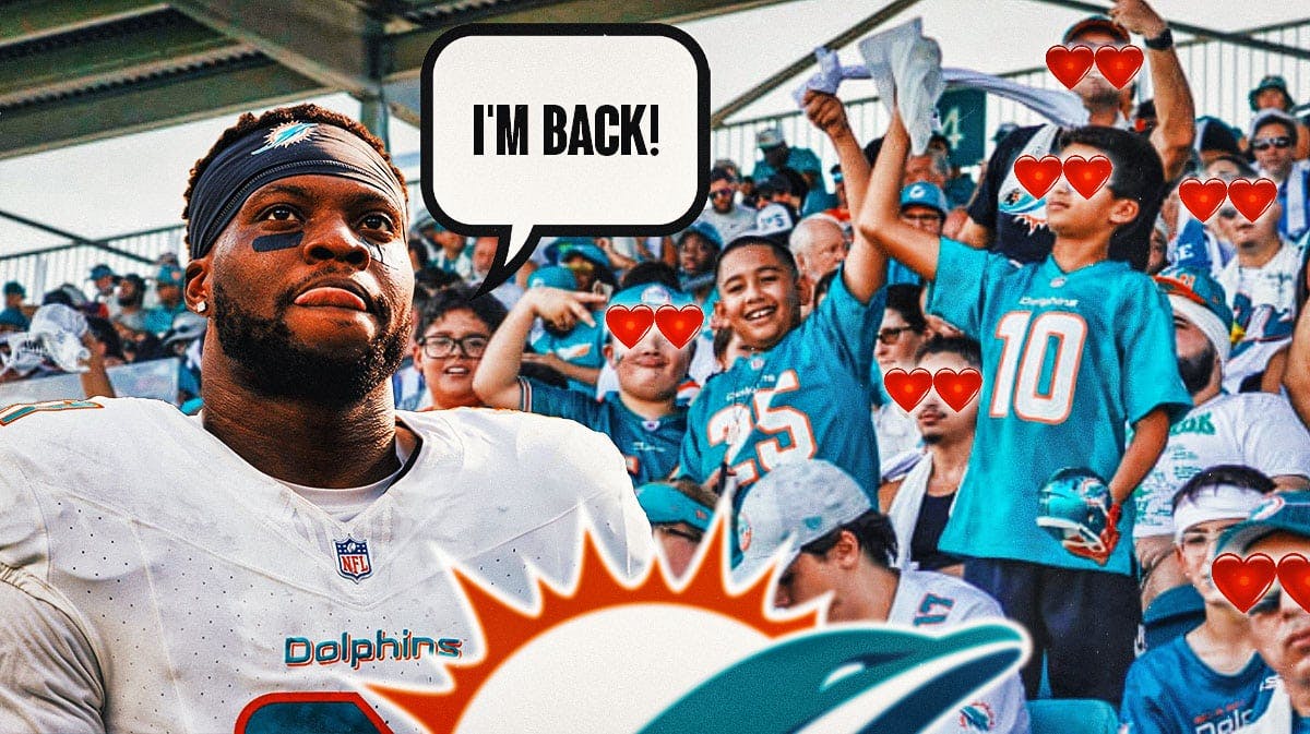 Emmanuel Ogbah on one side with a speech bubble that says "I'm back!", a bunch of Miami Dolphins fans on the other side with hearts in their eyes