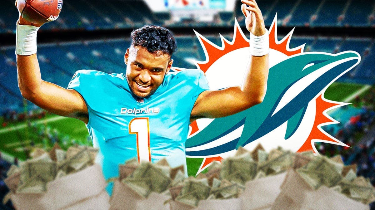 Miami Dolphins star Tua Tagovailoa in front of Hard Rock Stadium with money around him.