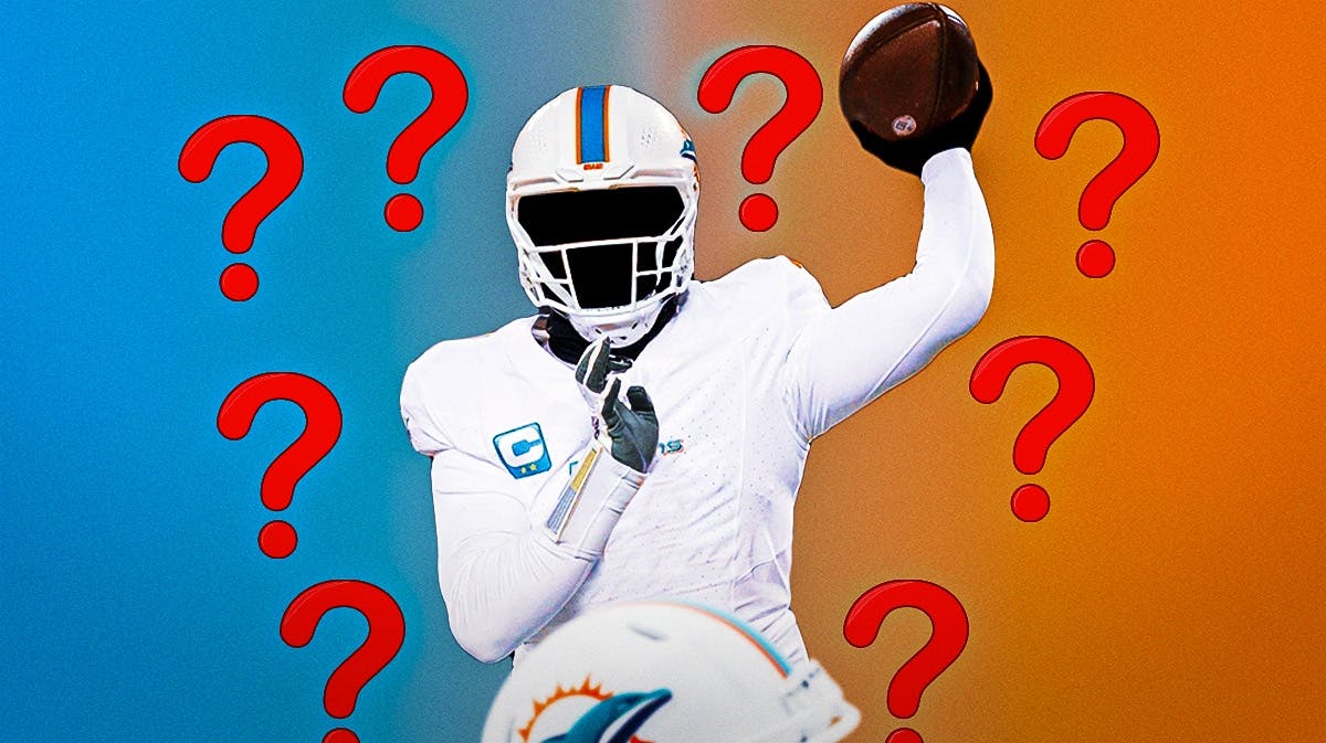 Silhouetted Dolphins player surrounded by question marks with a Dolphins-colored background.