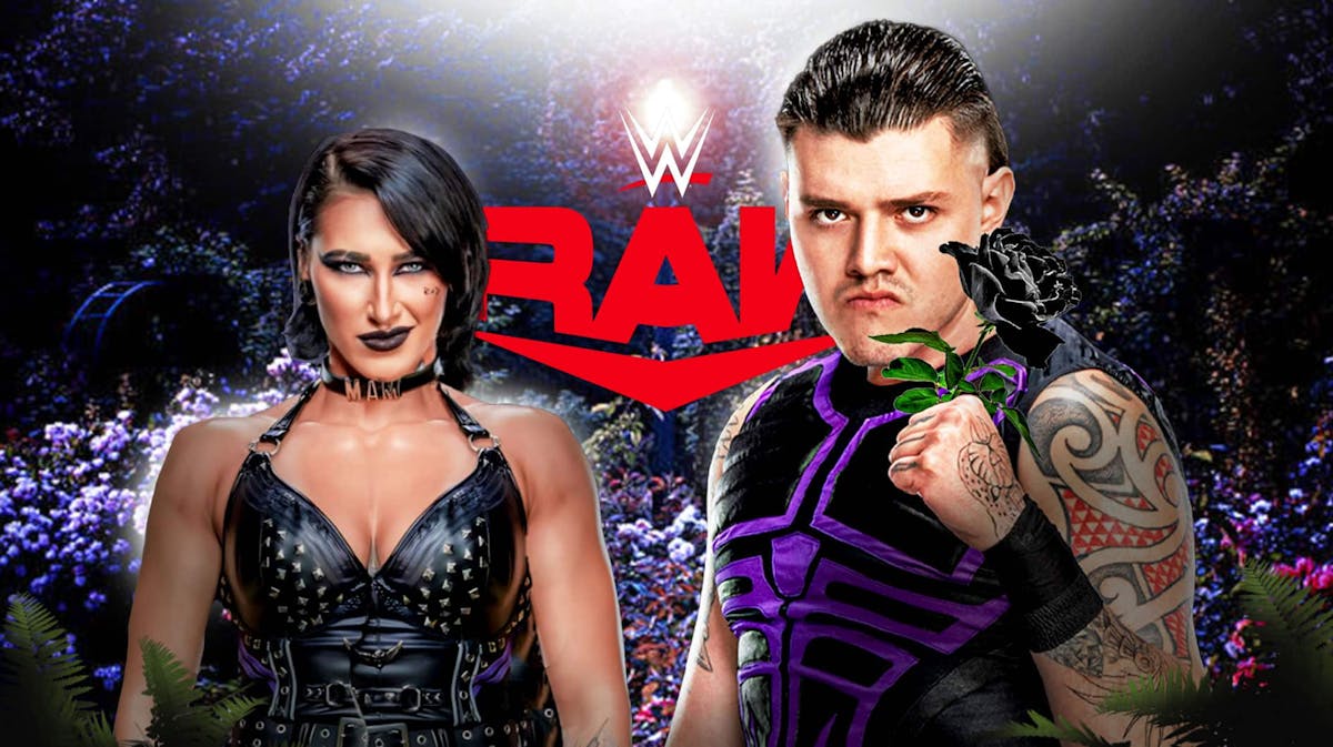 Dominik Mysterio holding a black rose next to Rhea Ripley with the RAW logo as the background.