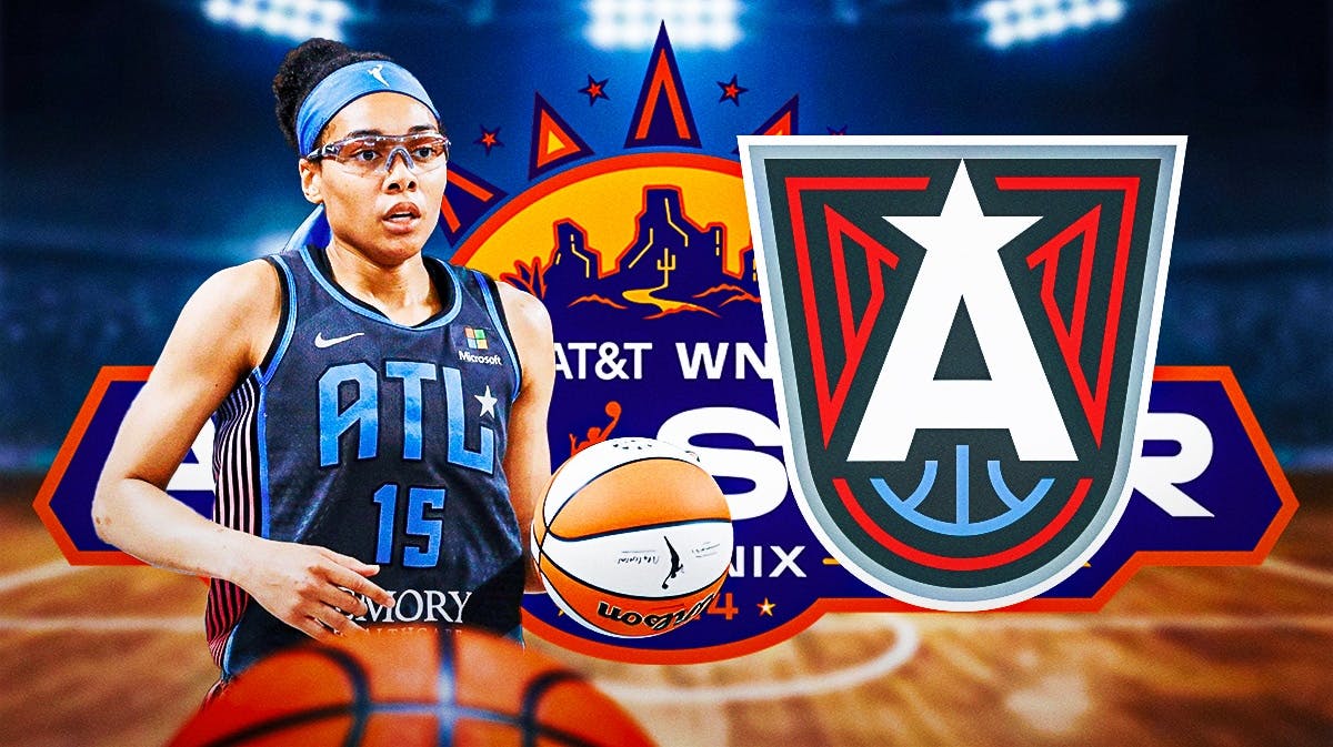 Allisha Gray with the Atlanta Dream and 2024 WNBA All-Star logo in the background