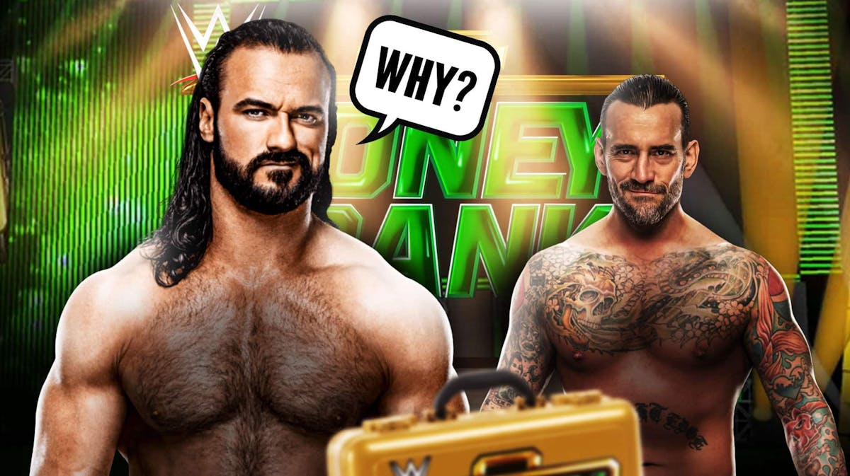 Drew McIntyre with a text bubble reading "Why?" next to CM Punk with the Money in the Bank logo as the background.