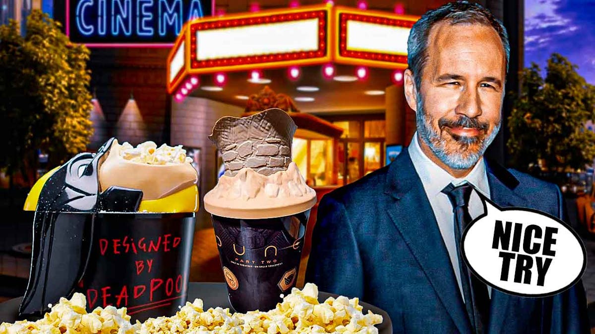 Deadpool & Wolverine and Dune popcorn buckets, Denis Villeneuve with speech bubble, "Nice try." Background: movie theater