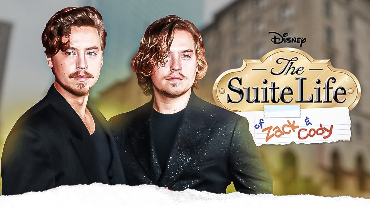 Cole and Dylan Sprouse next to the Suite Life of Zack and Cody logo and Tipton Hotel background.