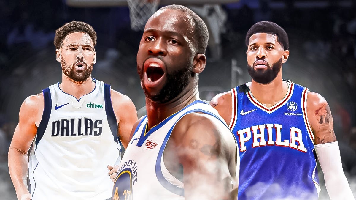Draymond Green looking angry in the middle of Paul George wearing 76ers jersey and Klay Thompson wearing a Mavericks jersey.