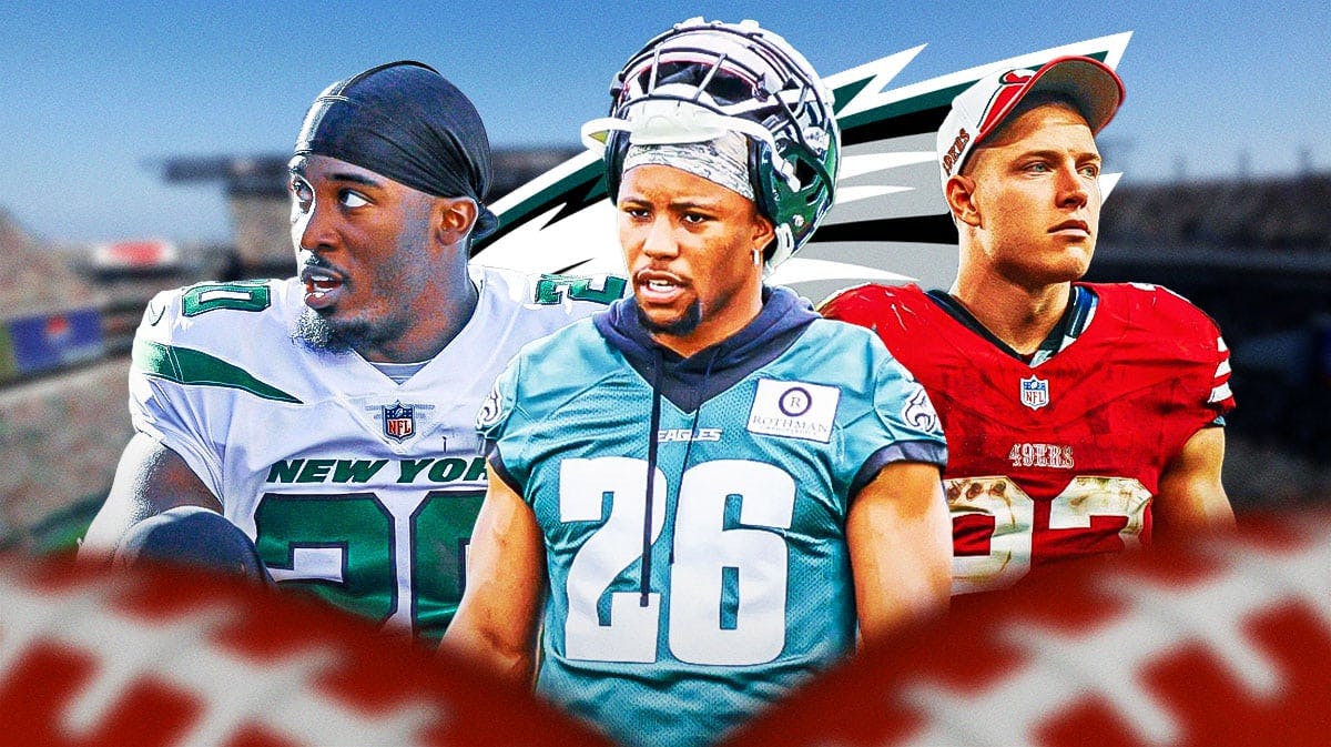 Philadelphia Eagles running back Saquon Barkley with 49ers running back Christian McCaffrey and Jets running back Breece Hall. There is also a logo for the Philadelphia Eagles.