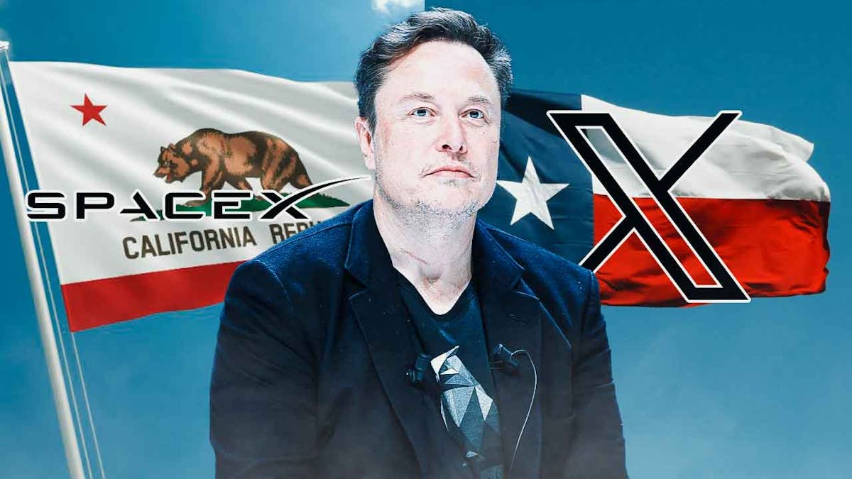 Elon Musk, state flags of California and Texas, logos of SpaceX and X