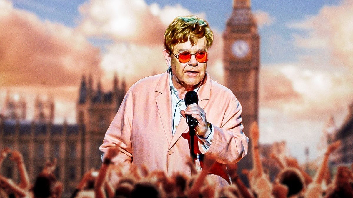 Elton John, who is now 34 years sober, with London, England background.