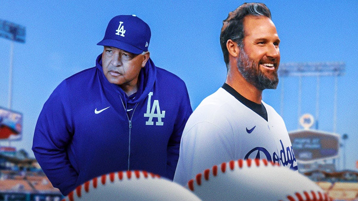 Los Angeles Dodgers manager Dave Roberts and former star Eric Gagne in front of Dodgers Stadium.