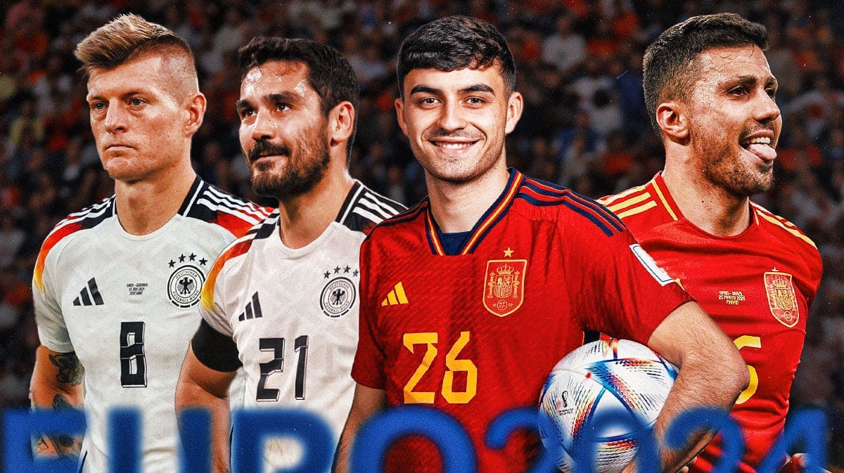 Toni Kroos and Ilkay Gundogan in 2024 Euros Germany kits looking sad next to Pedri and Rodri in Euro 2024 Spain kits looking happy