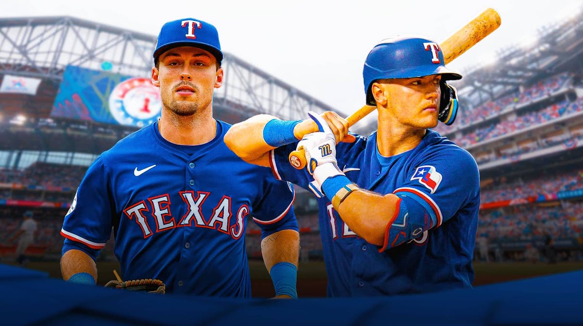 Josh Jung hitting in a Texas Rangers uniform and Evan Carter fielding in a Texas Rangers uniform as the two young players are recovering from injury and could rejoin the Rangers soon around the MLB trade deadline.