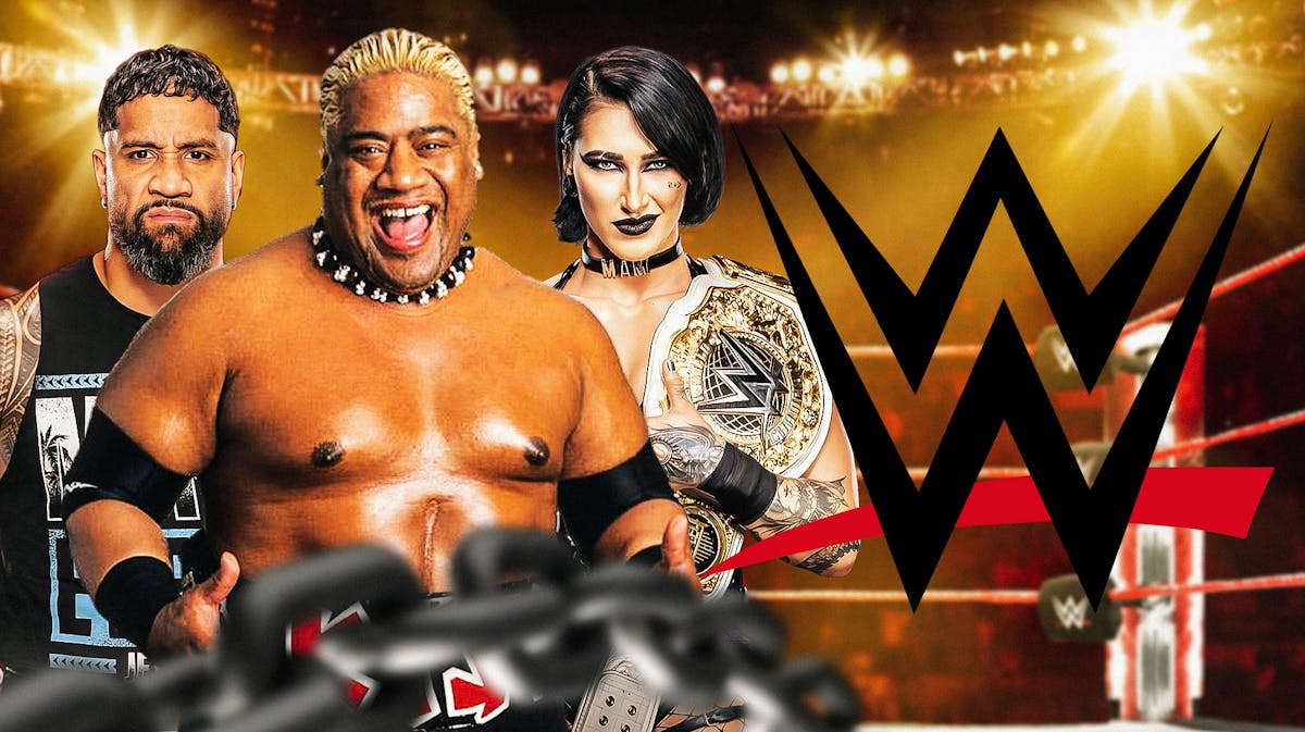Rikishi in the middle, Jey Uso on the left and Rhea Ripley on the right with the WWE logo as the background.