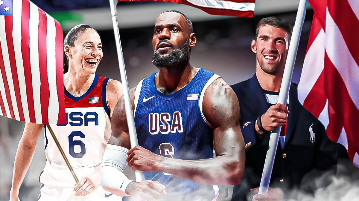 LeBron James in middle. Sue Bird and Michael Phelps on either side of him. All in Team USA Olympics gear and all holding USA flag.