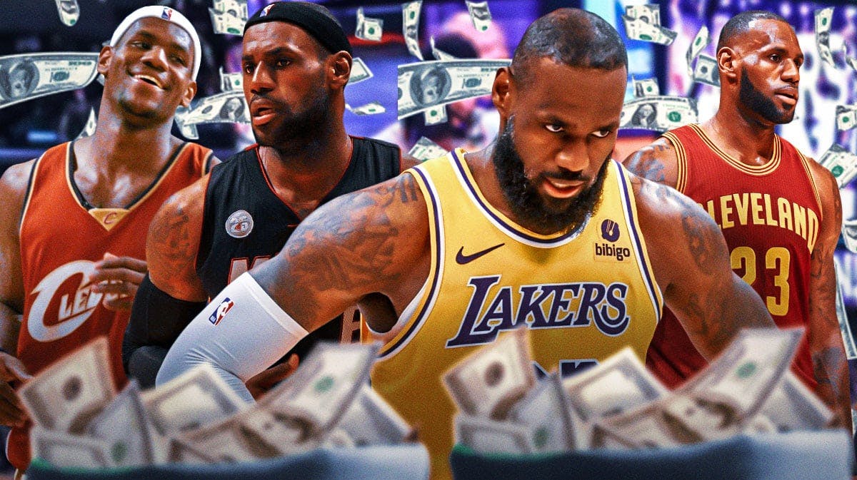 LeBron James in Lakers jersey, LeBron James in Heat jersey, LeBron James in Cavaliers jersey (young), and LeBron James in a different Cavaliers jersey during his second stint. Money and contracts all around the graphic.