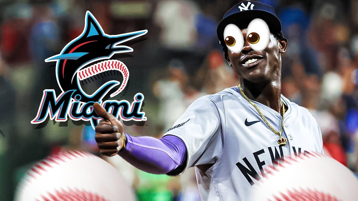 Jazz Chisholm in Yankees jersey looks at Marlins logo with bulging eyes
