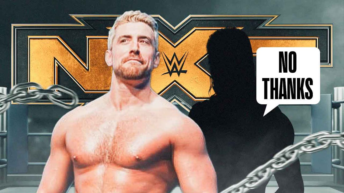 Joe Hendry next to the blacked-out silhouette of Nic Nemeth with a text bubble reading "No thanks" with the NXT logo as the background.