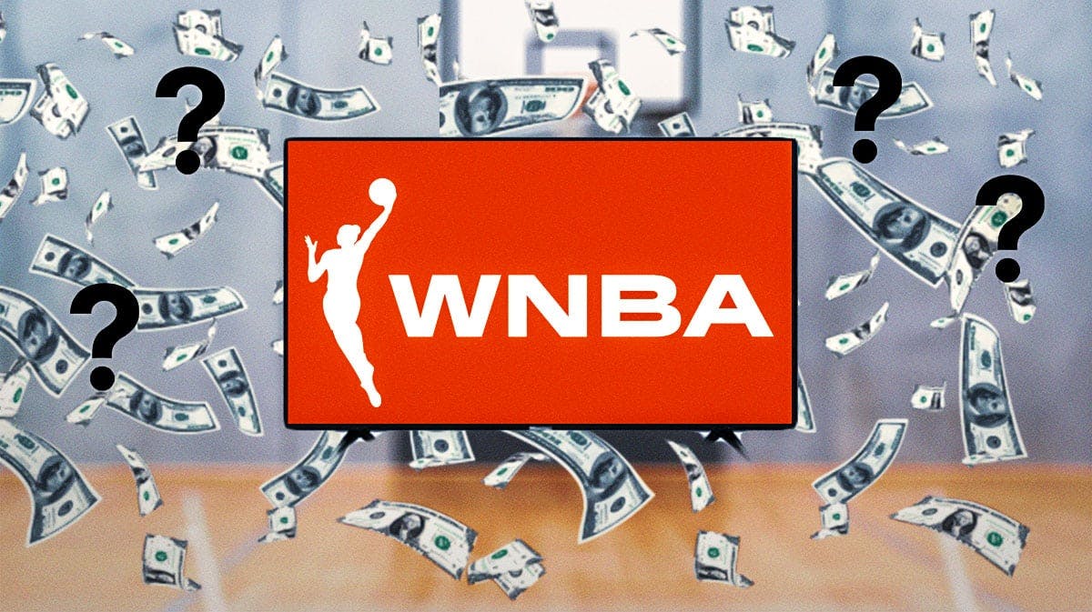 The WNBA logo inside of a television, on a basketball court surrounded by dollar bills and question marks