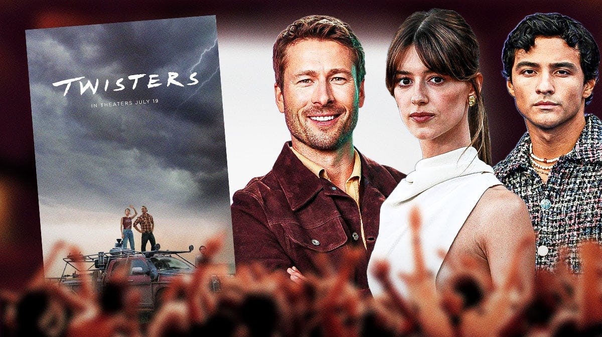 Twisters poster with stars Glen Powell, Daisy Edgar-Jones, and Brandon Perea (who is in the mid-credits scene) with movie theater background.