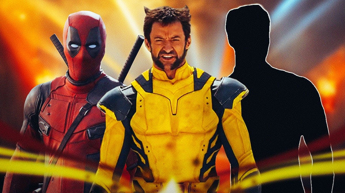 Deadpool (Ryan Reynolds) and Wolverine (Hugh Jackman) with silhouette of character from post-credits scene.