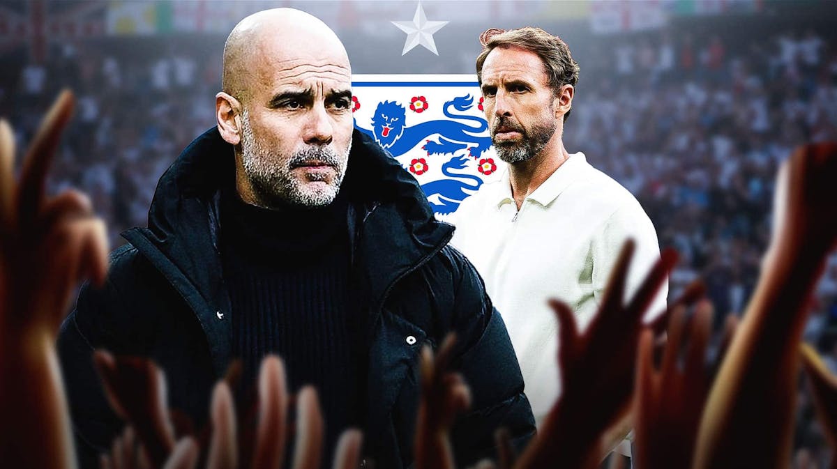 Pep Guardiola and Gareth Southgate in front of the England team logo