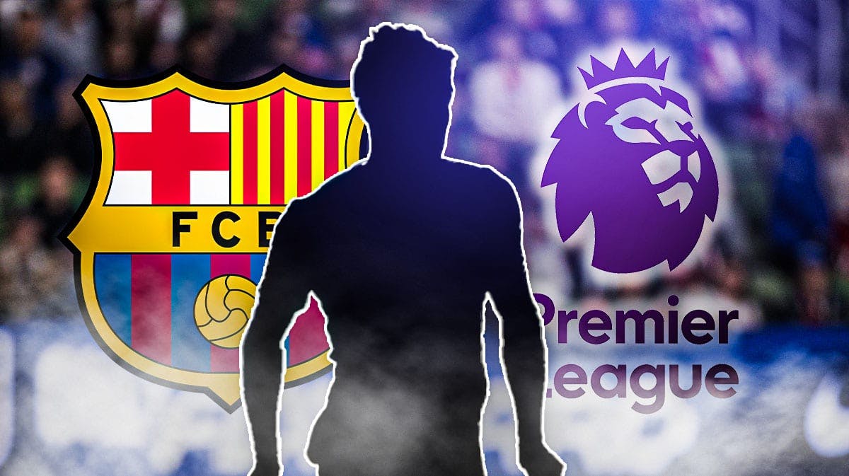 The silhouette of Sergi Roberto in front of the FC Barcelona and Premier League logos