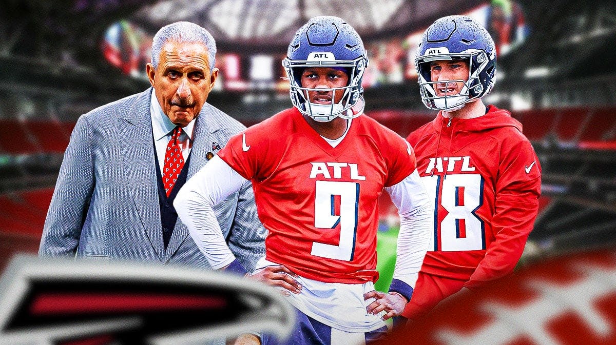 A picture of Arthur Blank on the left, Michael Penix Jr. in a Falcons jersey in the middle, and Kirk Cosusin in a Falcons jersey on the right